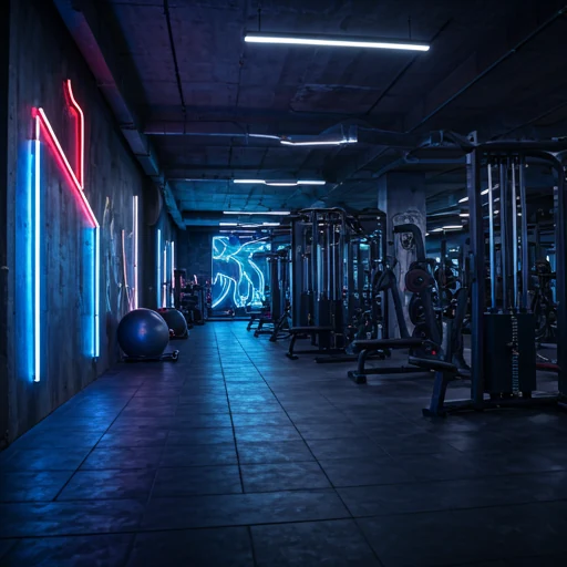 Modern blue-lit gym and fitness studio